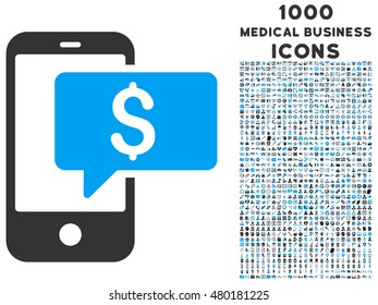 Money Phone SMS vector bicolor icon with 1000 medical business icons. Set style is flat pictograms, blue and gray colors, white background.