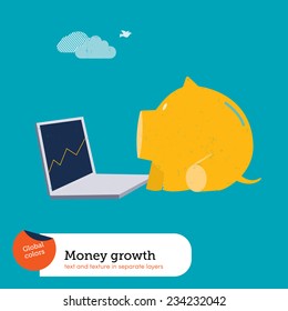 Money pig with laptop. Vector illustration Eps10 file. Global colors. Text and Texture in separate layers.