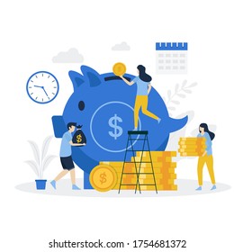 Money pig saving illustration landing page. Illustration for websites, landing pages, mobile applications, posters and banners.