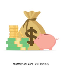 Money with a piggy bank. Piggy bank and a bag of coins. Flat modern money illustration. Vector eps10