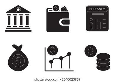 Money, Piggy bank, budget, savings, loan, cash, earning, income, wallet, currency, dollar, card, coin, revenue, and profit icon set. Money management related icon set. Vector illustration. EPS 10