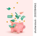 Money Piggy bank creative business concept. Realistic 3d design. Pink pig keeps gold coins. Green paper dollars. Paper plane. Safe finance investment. Financial services. Vector illustration