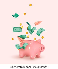 Money Piggy bank creative business concept. Realistic 3d design. Pink pig keeps gold coins. Green paper dollars. Paper plane. Safe finance investment. Financial services. Vector illustration
