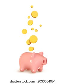 Money Piggy bank creative business concept. Realistic 3d design. Pink pig keeps gold coins. Safe finance investment. Financial services. Vector illustration