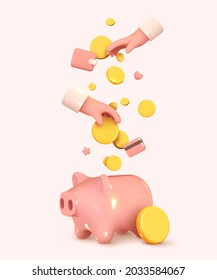 El concepto de negocio creativo del banco Money Piggy. Diseño 3d realista. Cerdo rosado, mano humana mantiene garzas y monedas de oro. Inversión financiera segura. Servicios financieros. Ilustración del vector