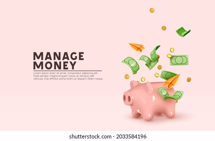 Money Piggy bank creative business concept  Realistic 3d design  Pink pig keeps gold coins  Safe finance investment  Financial services  Landing page template mockup for website  Vector illustration