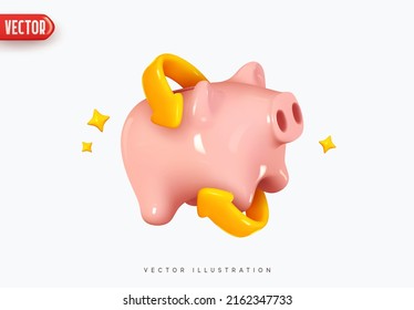 Money Piggy Bank kreatives Geschäftskonzept. Realistisches 3D-Design. Rosa Schwein. Halten und akkumulieren Sie Bareinsparungen. Sichere Finanzinvestitionen. Finanzdienstleistungen. Vektorgrafik