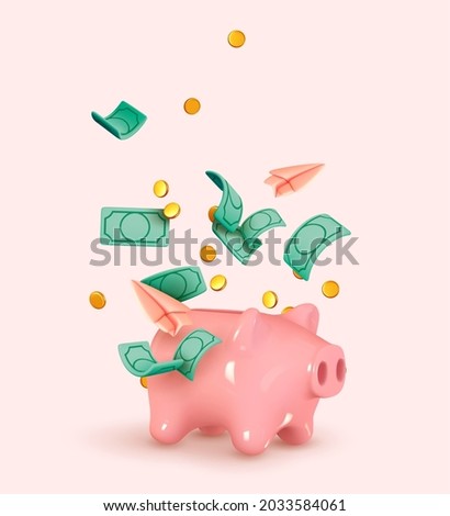 Money Piggy bank creative business concept. Realistic 3d design. Pink pig keeps gold coins. Green paper dollars. Paper plane. Safe finance investment. Financial services. Vector illustration