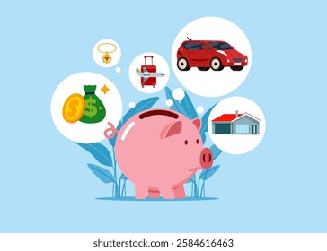 Money in piggy bank, our dreams on the background. House, car, travel, decorations, budget, finance, money savings. Vector illustration flat design.