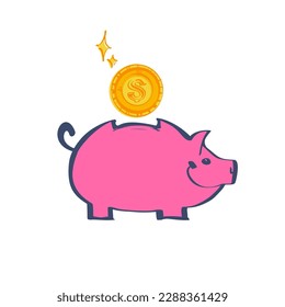 Money in a piggy bank. Money saving concept. Vector illustration sketch design. Isolated on white background. Coin putting in a piggy bank. Cartoon sketch style.