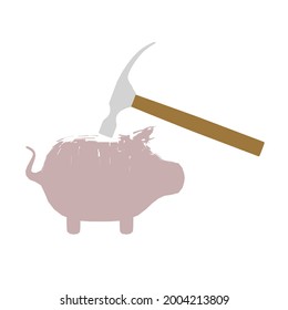 Money piggy bank in the shape of a pig and a hammer breaking it isolated on white background. Vector illustration