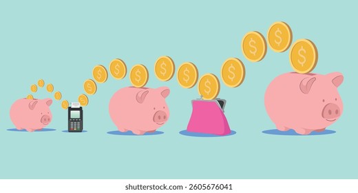 Money, piggy bank, transactions, payment terminal. Vector illustration of finance, accumulation deposit