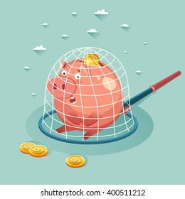 Money piggy bank in a trap. Saving money concept. Vector colorful illustration in flat style