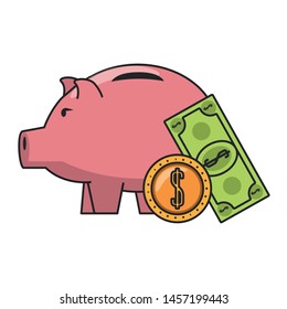 Money piggy with coin and billet symbols vector illustration