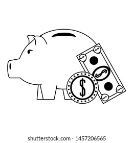 Money piggy with coin and billet symbols in black and white vector illustration