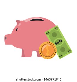 Money piggy with coin and billet symbols vector illustration