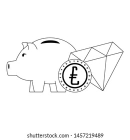 Money piggy with coin and diamond symbols in black and white vector illustration