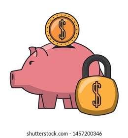 Money piggy with coin and padlock symbols vector illustration
