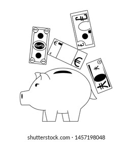 Money piggy with euro, dollar and yen billets in black and white vector illustration