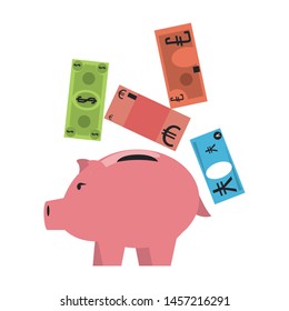 Money piggy with euro, dollar and yen billets vector illustration