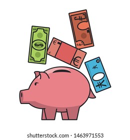 Money piggy with euro, dollar and yen billets vector illustration