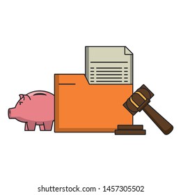 Money piggy and folder iwth document and gavel symbols vector illustration