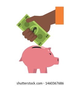 Money piggy and hand depositing cash vector illustration