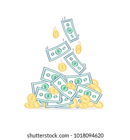 Money Pile of cash money and some gold coins. Profit, Income, Prize, Salary, Luck. Heap of packed dollar bills. Flat outline modern icon concept.