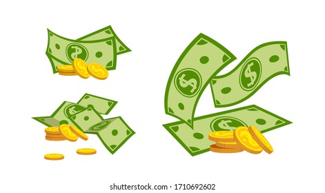 Money pile coin stack flat cartoon set. Gold coins heap, bank currency sign. Pocket money dollars cash bundle, green bill banknotes. Template for financial projects. Isolated vector illustration