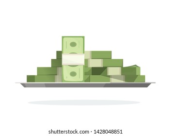 Money pile on tray vector illustration, flat cartoon paper cash big heap or stack, idea of giving loan or credit, prize or win  
