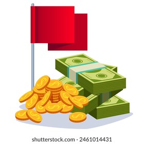 Lot of money pile savings loan heap with empty flag concept. Vector flat cartoon icon illustration	