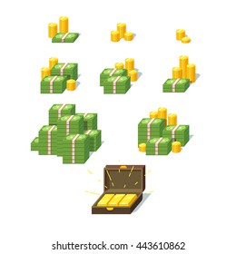 Money Piles Set. Collection Of Stacked Pile Of Green Dollars Cash, Gold Coins And Gold Bars In Suitcase. Flat Style Vector Illustration.