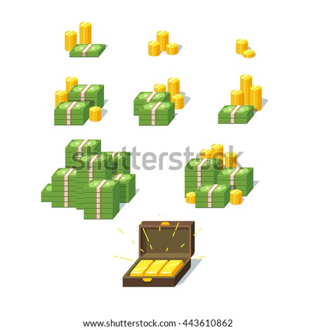 Money piles set. Collection of stacked pile of green dollars cash, gold coins and gold bars in suitcase. Flat style vector illustration.