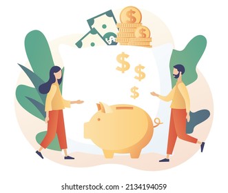 Money pillow. Piggy bank. Personal finance, money savings, emergency support fund, personal capital, insurance. Tiny people growth financial. Modern flat cartoon style. Vector illustration 