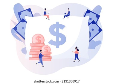 Money pillow. Tiny people growth financial. Personal finance, money savings, emergency support fund, personal capital, insurance. Modern flat cartoon style. Vector illustration on white background