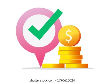 Money pin pointer marker as cash location destination place vector illustration, idea of financial changer or map bank position symbol modern design