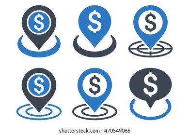 Money Place vector icons. Icon style is bicolor smooth blue flat symbols with rounded angles on a white background.