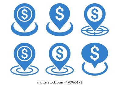 Money Place vector icons. Pictogram style is cobalt flat icons with rounded angles on a white background.