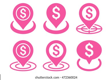 Money Place vector icons. Pictogram style is pink flat icons with rounded angles on a white background.