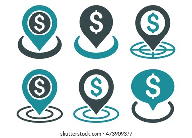 Money Place vector icons. Pictogram style is bicolor soft blue flat icons with rounded angles on a white background.