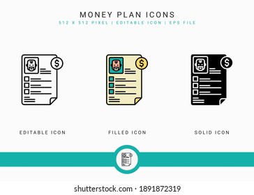 Money plan icons set vector illustration with icon line style. Pension fund plan concept. Editable stroke icon on isolated white background for web design, user interface, and mobile application