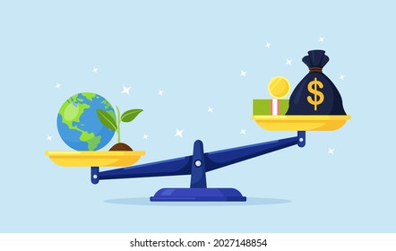 Money and planet earth on bowls of scales. Money bag, stack of currency and globe balance on scales. Save, defense of environment. Vector illustration