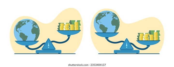 Money and planet Earth on scales. Stack of currency and globe balance. Defense of environment. Ecological symbol. Different weigh. Cartoon flat illustration. Vector measurement concept