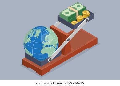 Money and planet Earth on scales. Currency and globe balance.  Ecological concept. 3d flat isometric vector illustration.