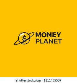 Money planet logo. Gold dollar coin in finance space. Vector flat line art illustration