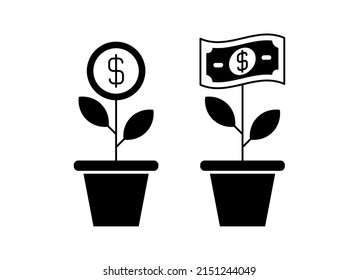 Money plant with coin and bill icons black and white vector illustration. Isolated on white background