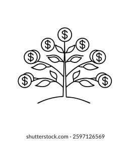 Money plant Growing coin tree symbol and finance investment increase concept Hand drawn line art flat vector illustration