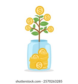 Money plant growth in jar, investment, mutual fund. Money savings concept vector illustration