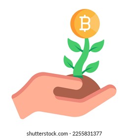 Money plant in hand, flat icon of bitcoin growth