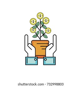 money plant with leaves coins and hands up